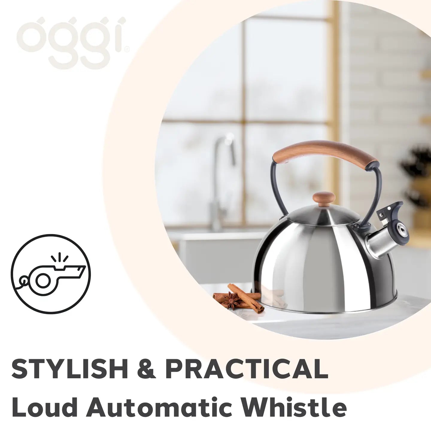 OGGI Stovetop Whistling Tea Kettle w/ Wood Handle, SS