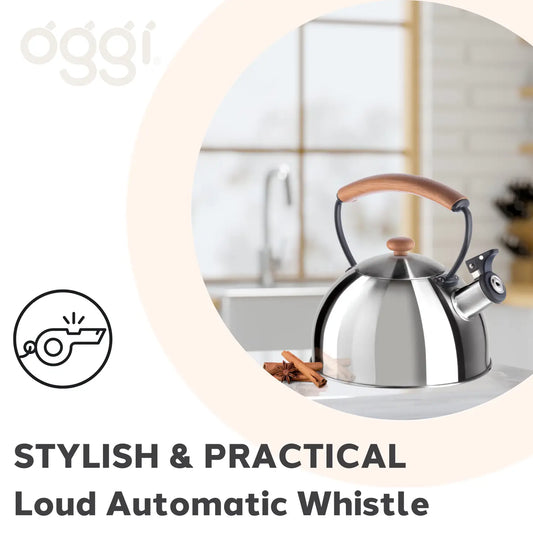 OGGI Stovetop Whistling Tea Kettle w/ Wood Handle, SS
